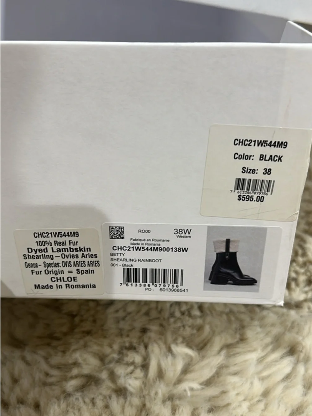 Chloe Black Rain Boots with Cream Faux-Shearling Cuff, Size EU 38 - Picture 6 of 6